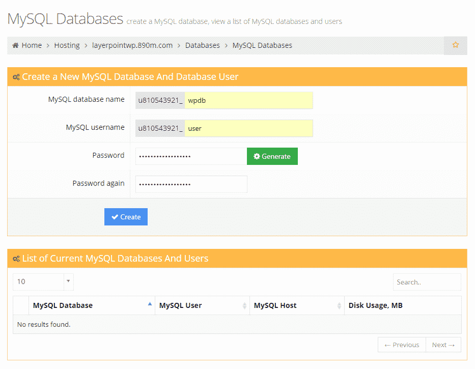 mysql database creation