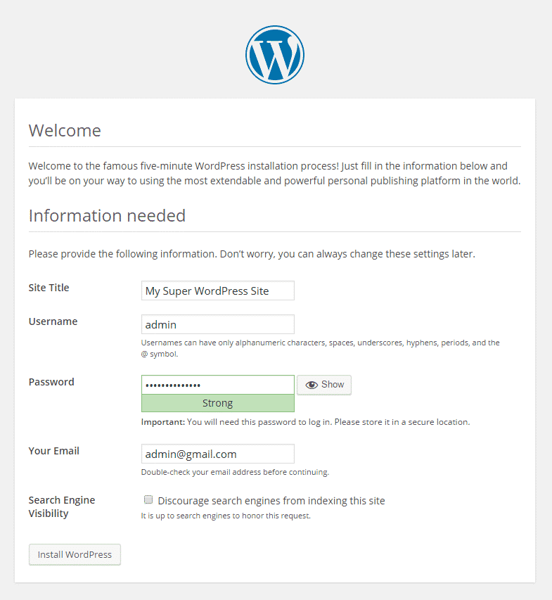 five-minute WordPress installation page