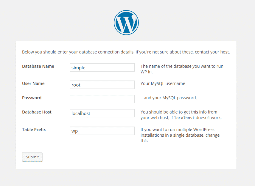 wordpress database config