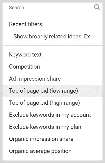 Filtering Options fo Keyword Research on GKP